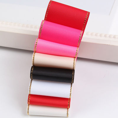 2.5cm Polyester Gold Edge Double Face Grosgrain Ribbon per albero di Natale e maniglie per borse