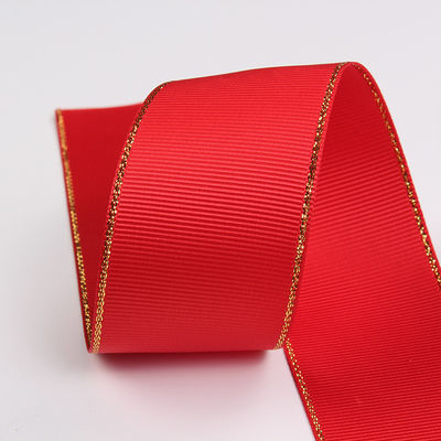 2.5cm Polyester Gold Edge Double Face Grosgrain Ribbon per albero di Natale e maniglie per borse