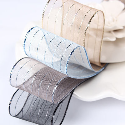 10mm-25mm Nastro d'organza in poliestere a strisce dorata per imballaggio e scatole regalo