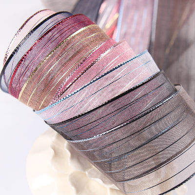 10mm-25mm Nastro d'organza in poliestere a strisce dorata per imballaggio e scatole regalo