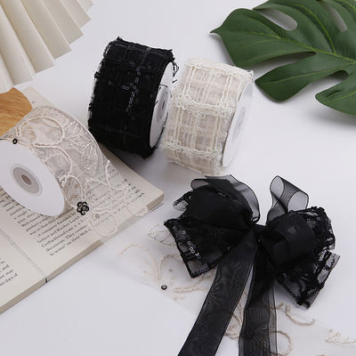50mm Shinny Polyester Mesh Ribbon con Floral Jacquard Ribbon