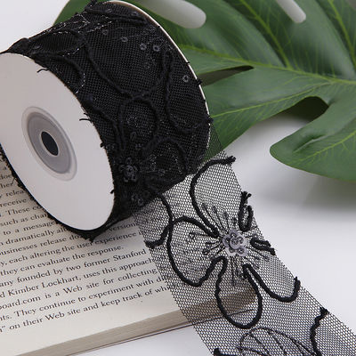 50mm Shinny Polyester Mesh Ribbon con Floral Jacquard Ribbon